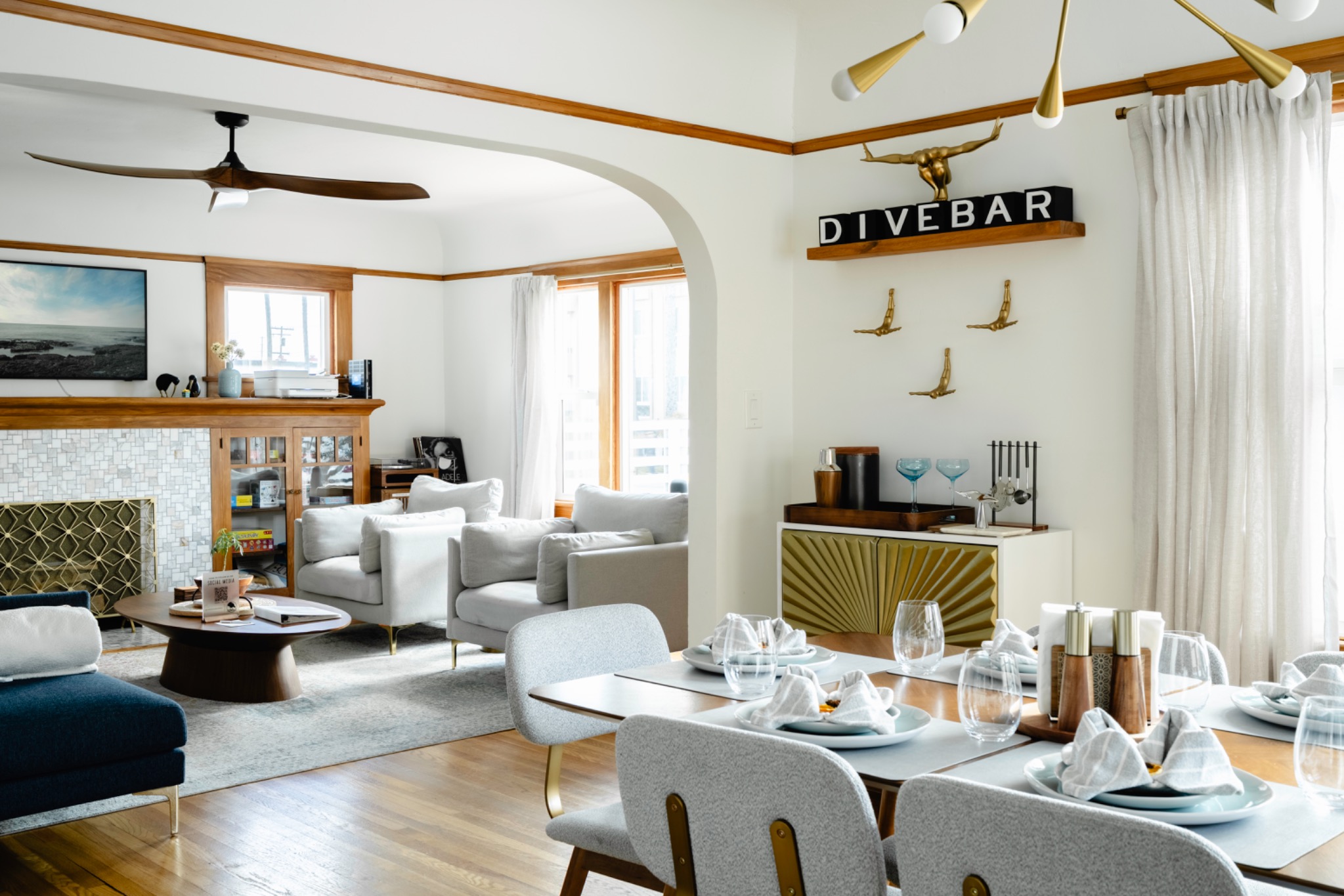 Birdhouse dining room and Dive Bar with living room beyond